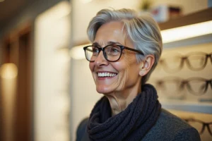 Starsza kobieta przymierzajaca nowe okulary po operacji zacmy w salonie optycznym