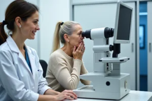Badanie biometryczne oka seniorki przed operacją zaćmy w klinice okulistycznej Okulis