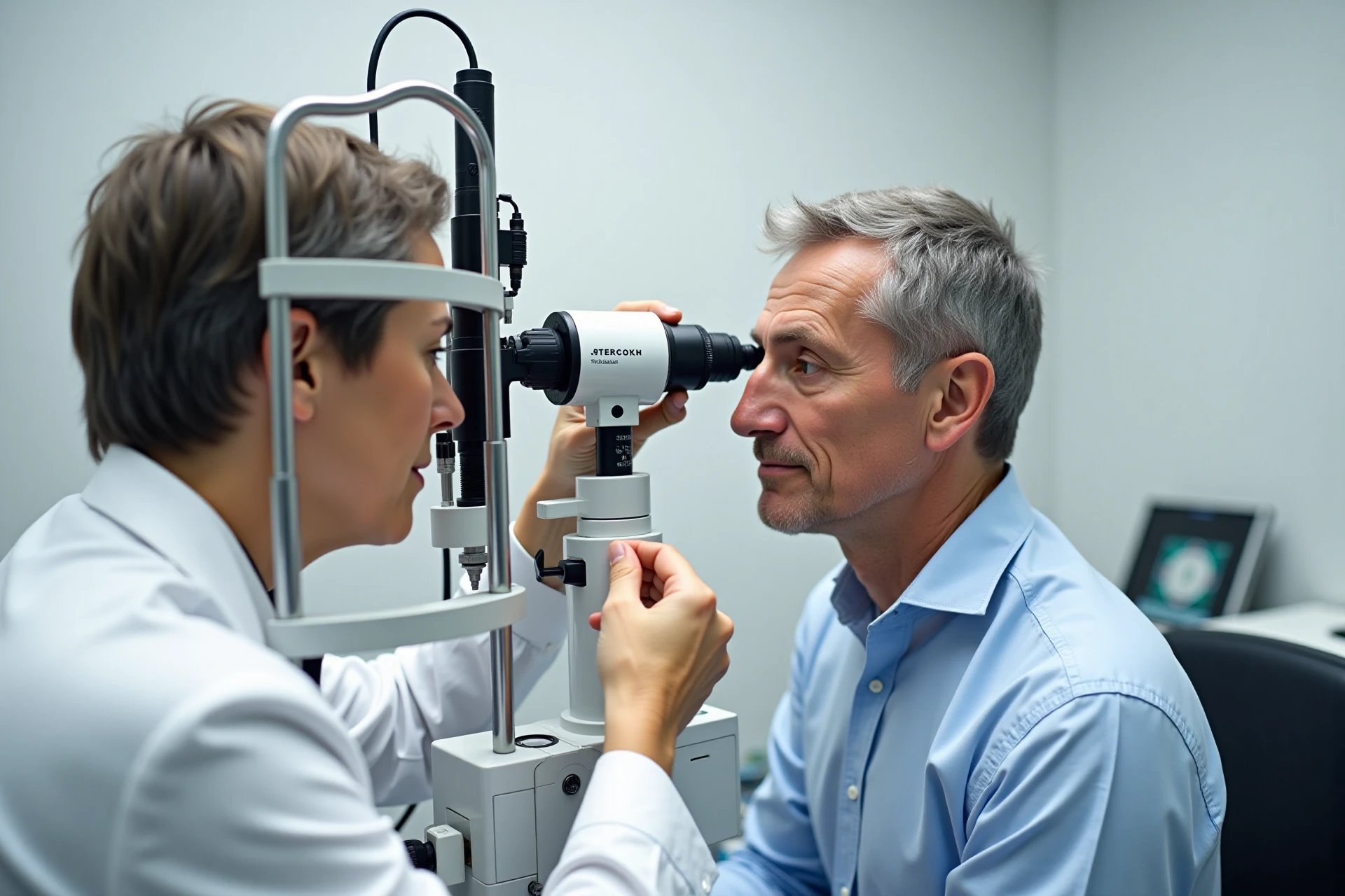 Badanie okulistyczne pacjenta przy lampie szczelinowej przed refrakcyjna wymiana soczewki