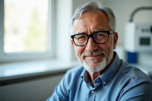 Starszy pacjent z cukrzyca w klinice okulistycznej przed operacja zacmy