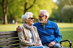 Szczesliwa para seniorow na lawce w parku po udanej operacji zacmy