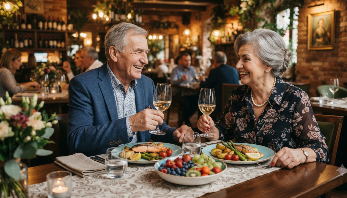 Starsza para je zdrowy posiłek bogaty w warzywa, owoce i rybę w restauracji