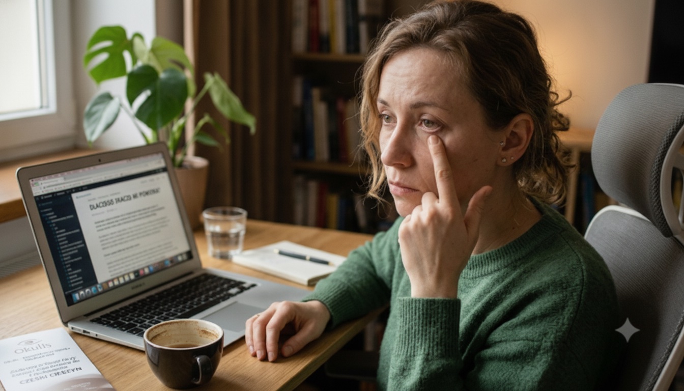 Zmęczona kobieta przy laptopie dotyka drgającej powieki
