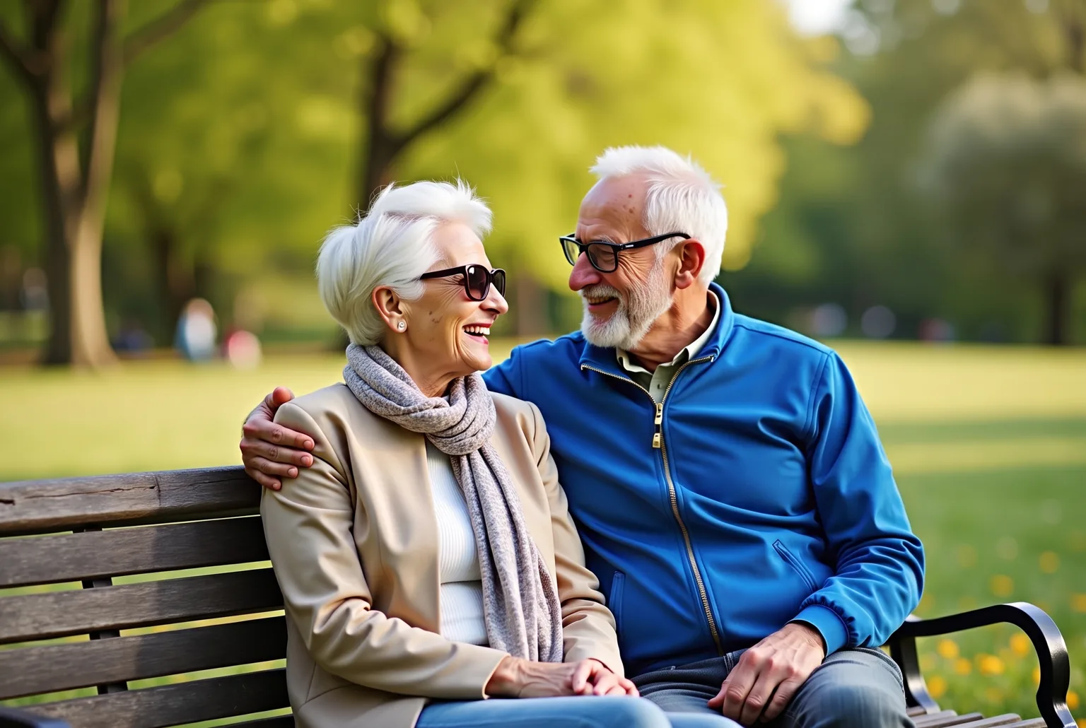 Szczesliwa para seniorow na lawce w parku po udanej operacji zacmy