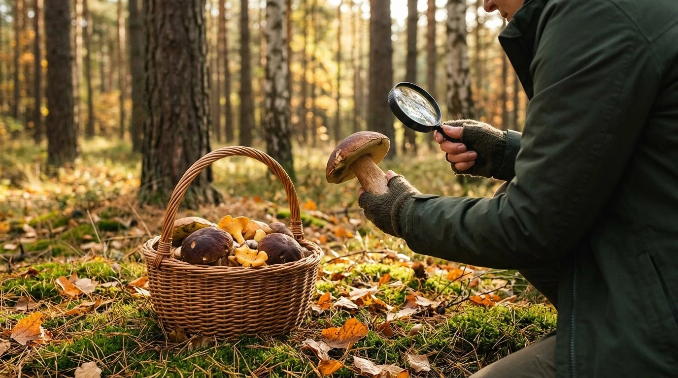 Grzybiarz ogląda przez lupę borowika nad wiklinowym koszem pełnym grzybów w jesiennym lesie